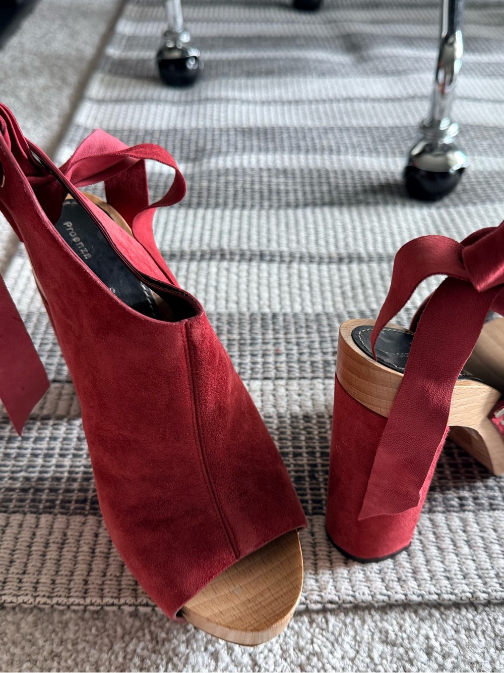 Proenza Scouler Suede Red Open-Toe wood Platform Heels, Ankle Tie US size 8